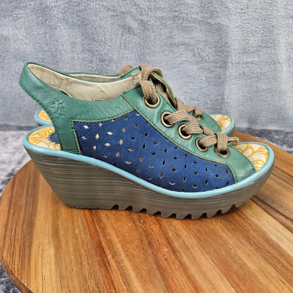 Fly London Yuta Platform Wedge Lace Up Green Blue Leather Sandal Women's 36 US 6